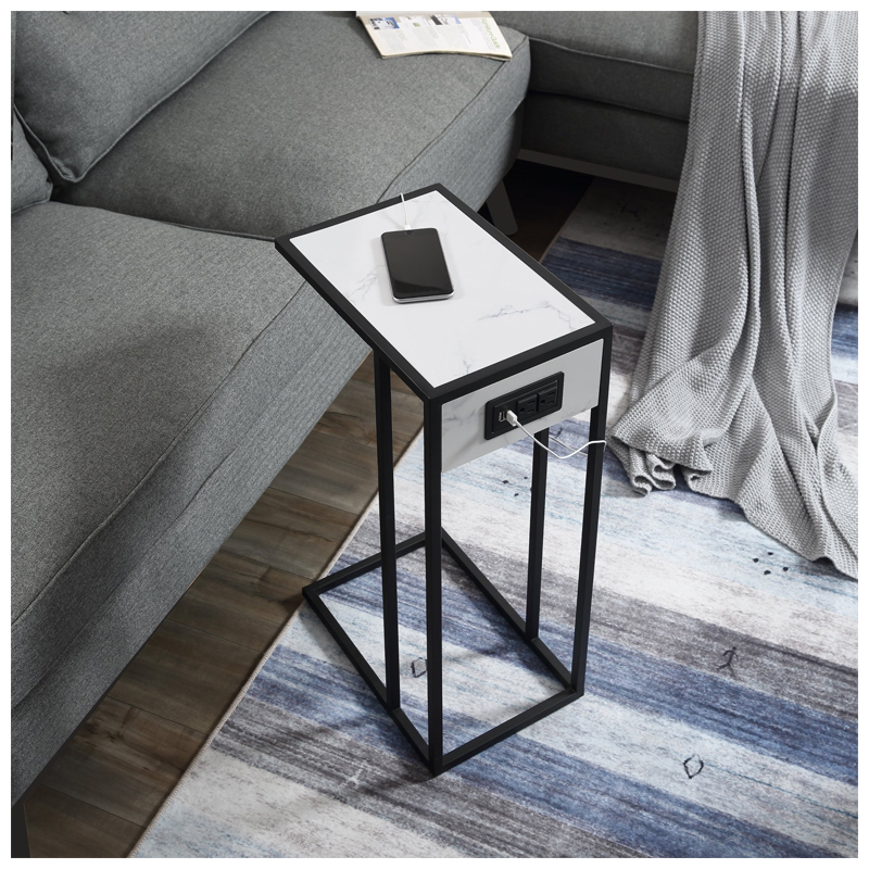 Clement C Table with USB in Marble Finish - (White and Black)
