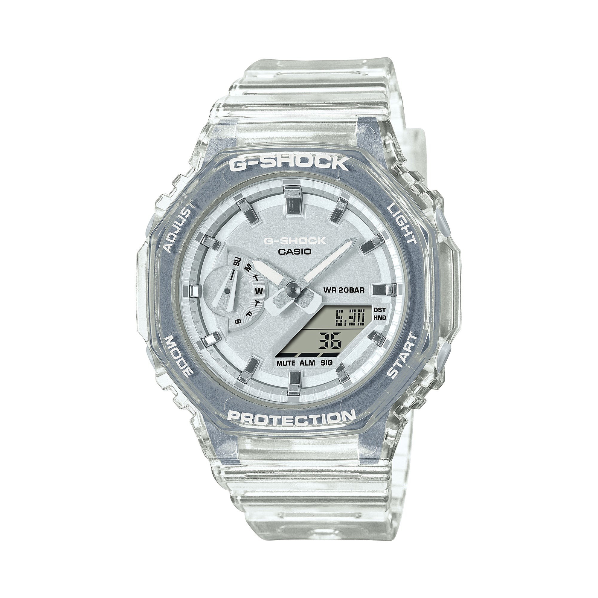 Ladies' G-Shock White Ana-Digi Resin Watch, Silver Dial