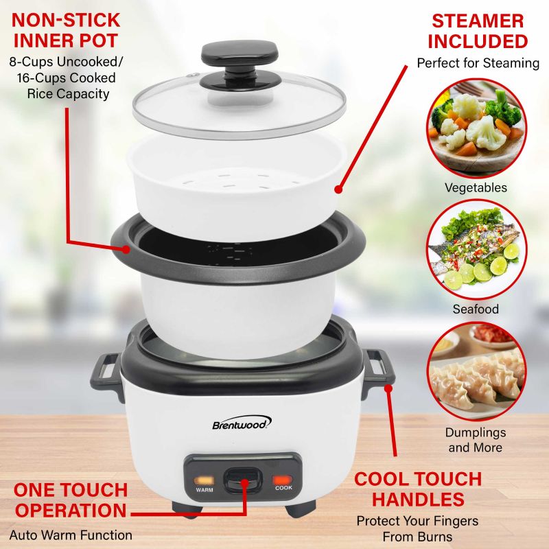 16-Cups Cooked / 8-Cups Uncooked Rice Cooker with Steam Tray - White