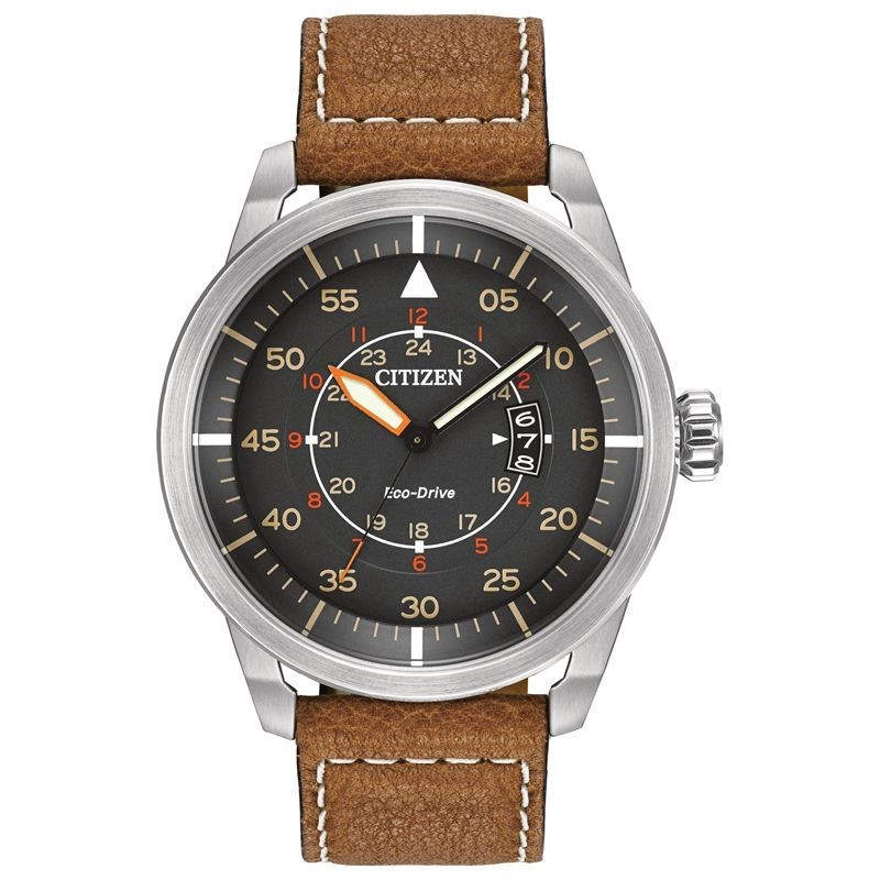 Men's Eco-Drive Avion Watch - (Gray Dial and Brown Leather Strap)