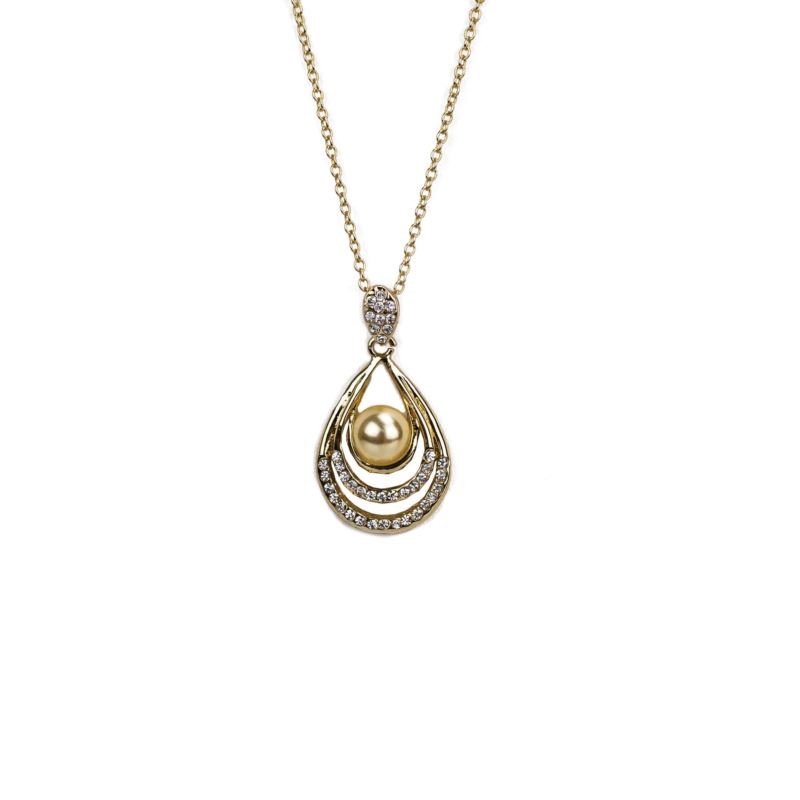 Gold Tone Pearl and Crystal Teardrop Pendant