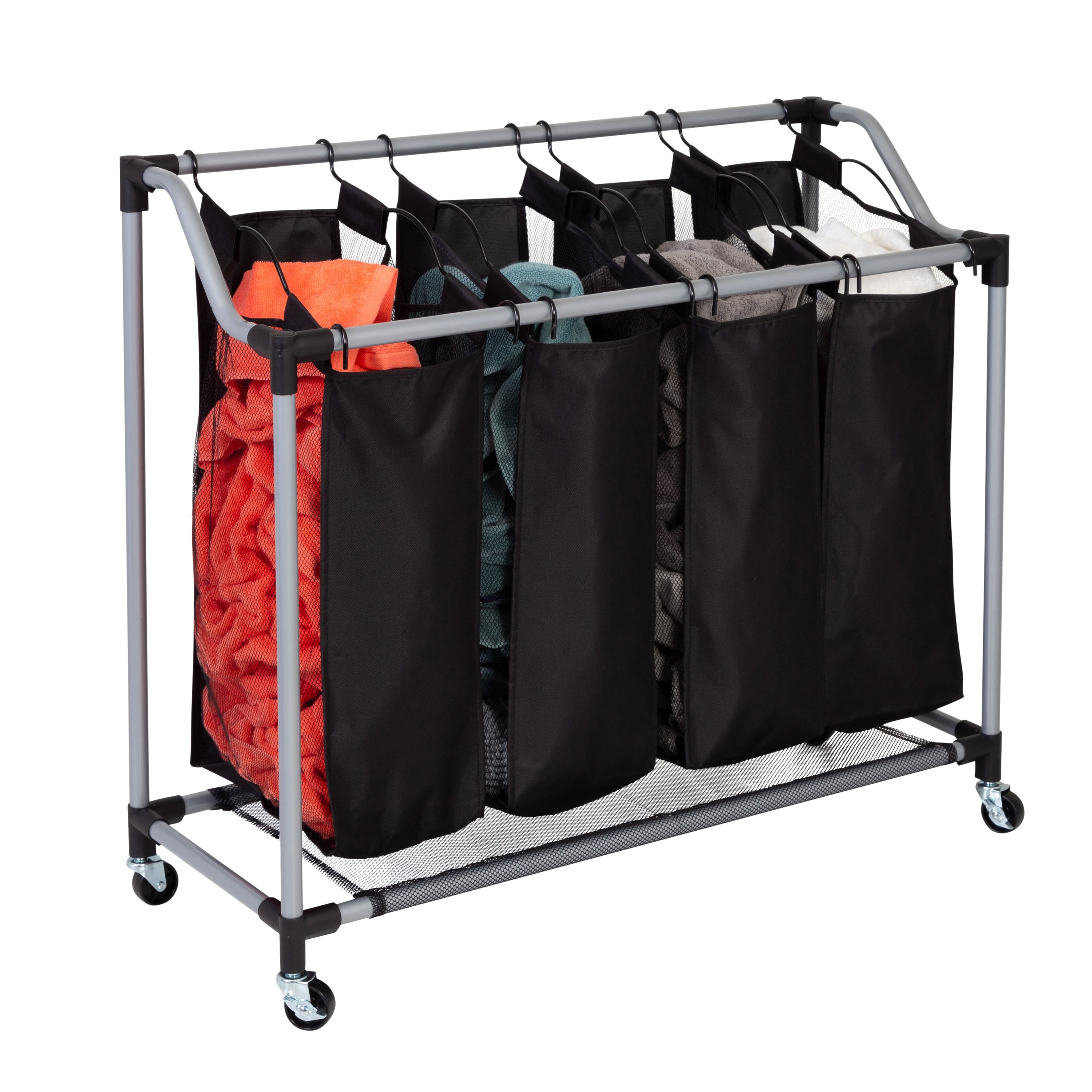 Rolling Deluxe 4-Compartment Laundry Sorter Black/Silver