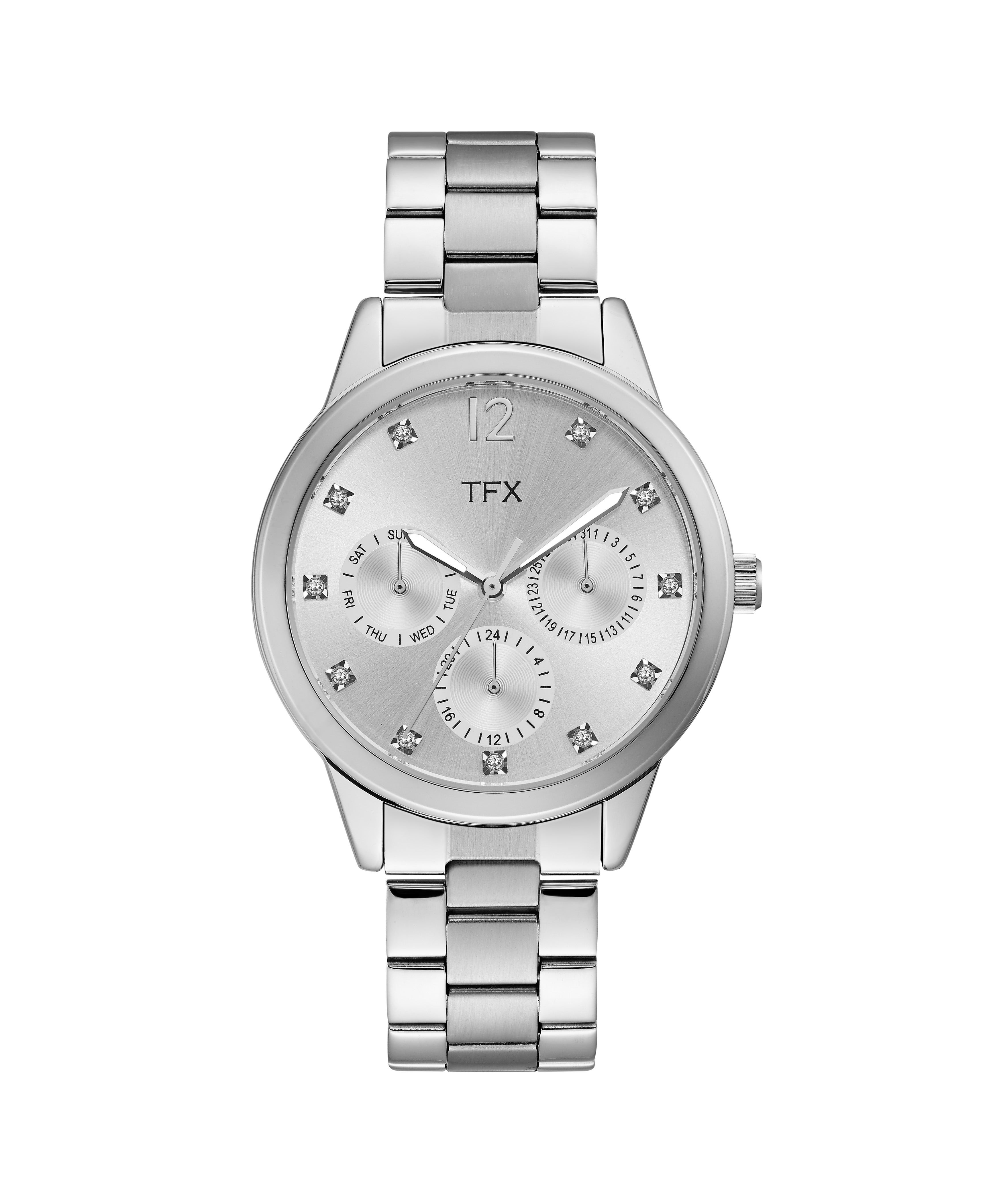 TFX Ladies Silver-Tone SS Crystal Watch Silver Dial