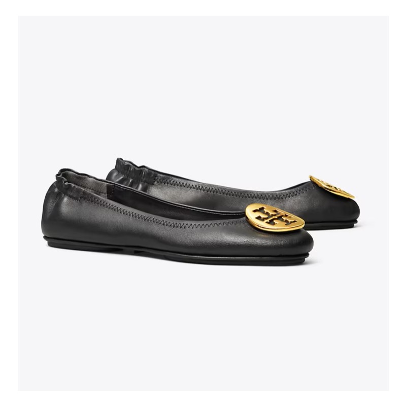 Minnie Travel Ballet Flat with Metal Logo Black Showe with Gold - (7.5)