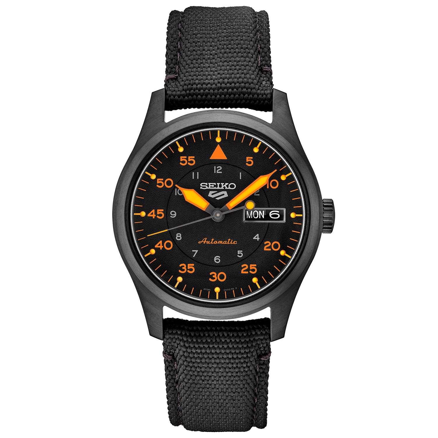 Mens Seiko 5 Sport Automatic Black & Orange Nylon Strap Watch Black Dial