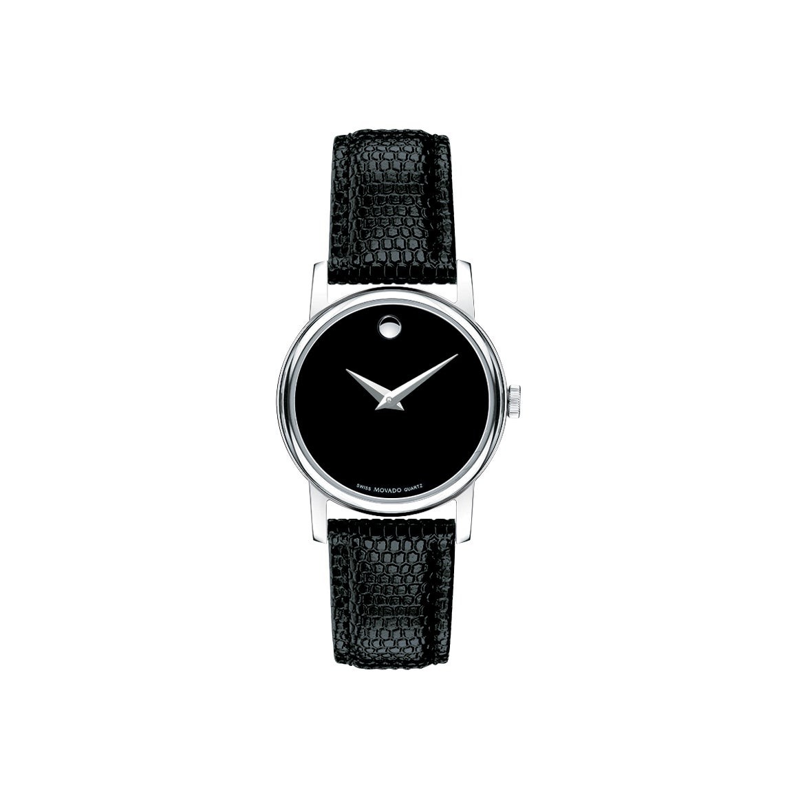 Ladies Museum Classic Silver & Black Textured Leather Strap Watch Black Dial