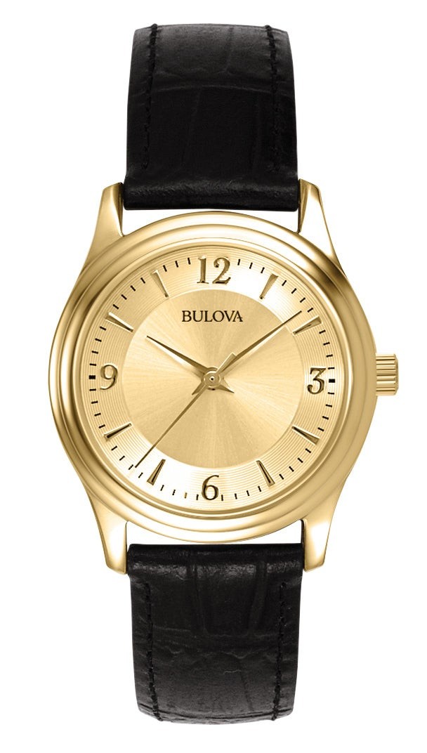 Corporate Ladies Gold-Tone Black Leather Strap Watch Gold Dial