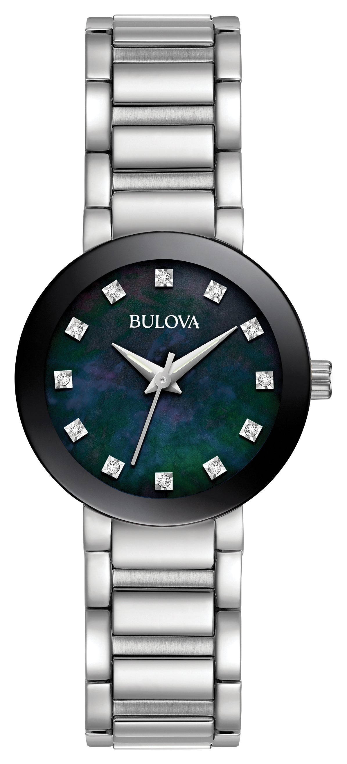 Ladies Modern Silver-Tone Stainless Steel Watch Black Mother-of-Pearl