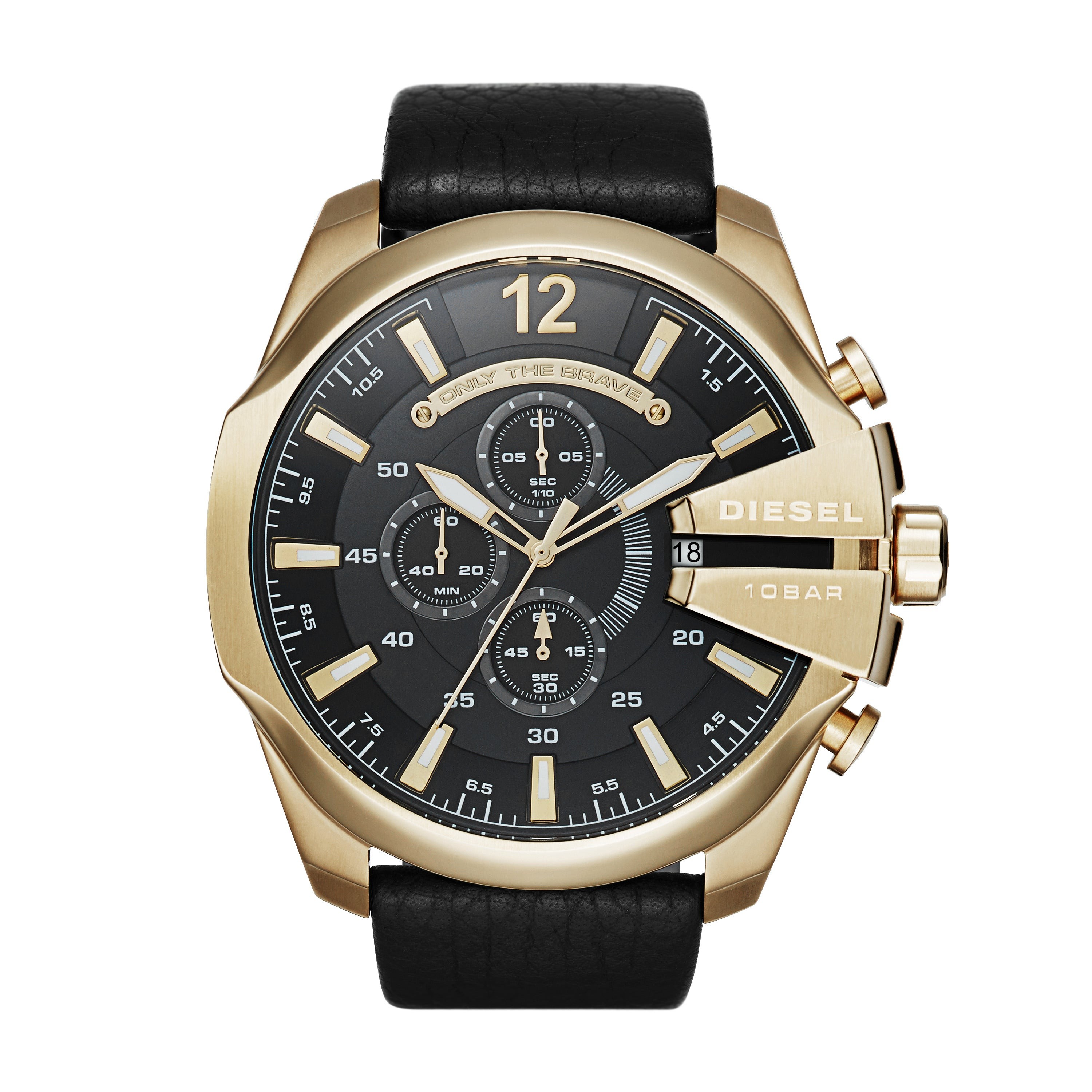 Mens Mega Chief Gold & Black Leather Strap Watch Black Dial