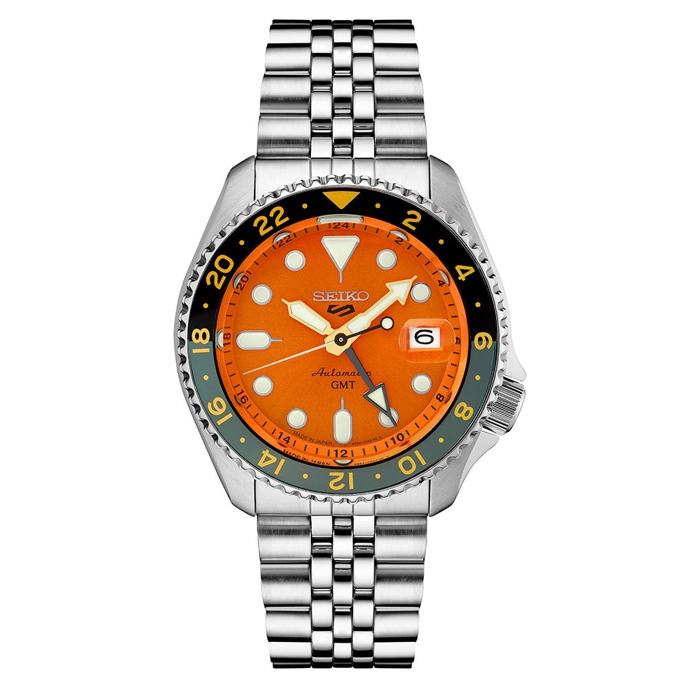 Mens Seiko 5 Sport SKX GMT Series Silver-Tone Watch Orange Dial