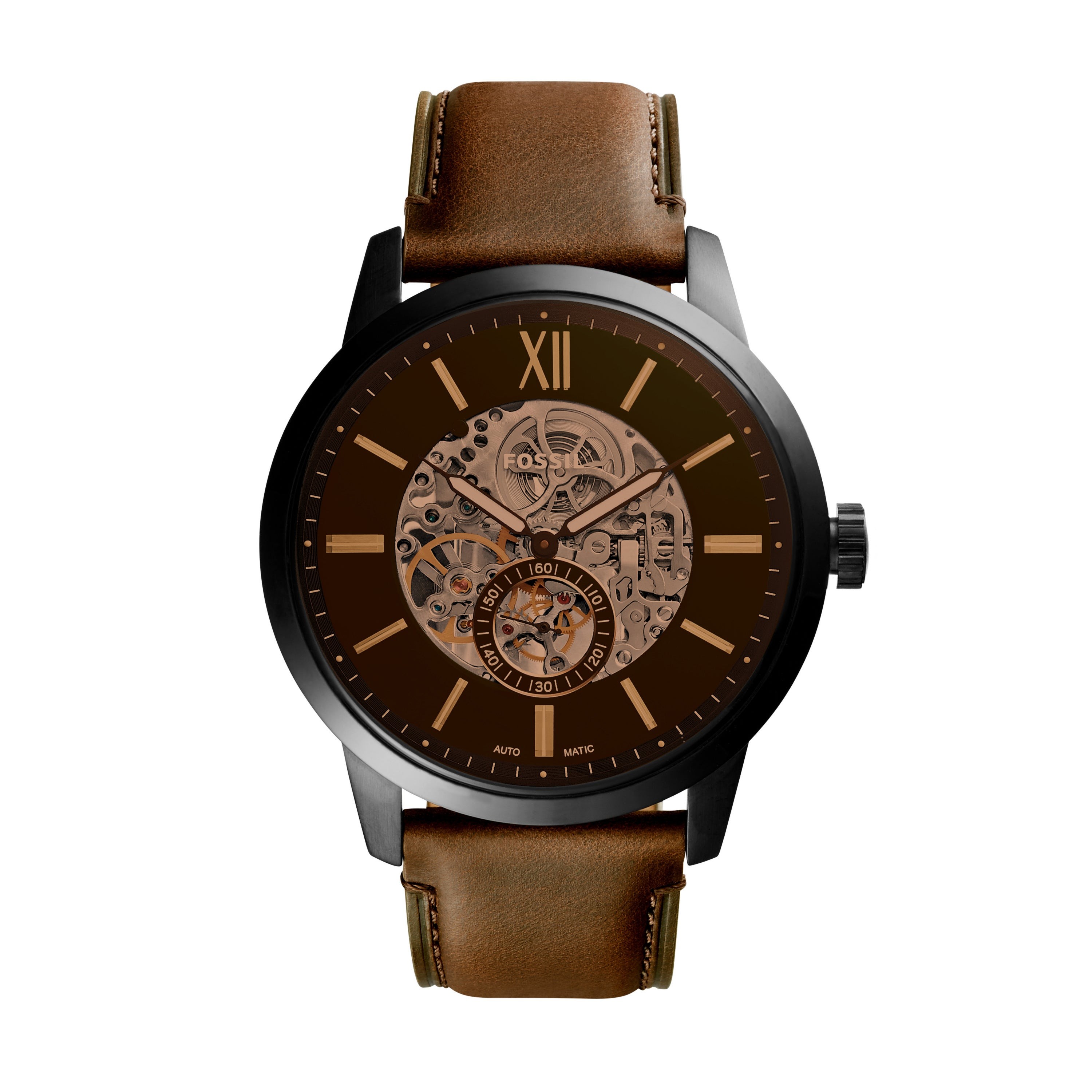 Men's Townsman Large Automatic Brown Leather Strap Watch, Brown Dial