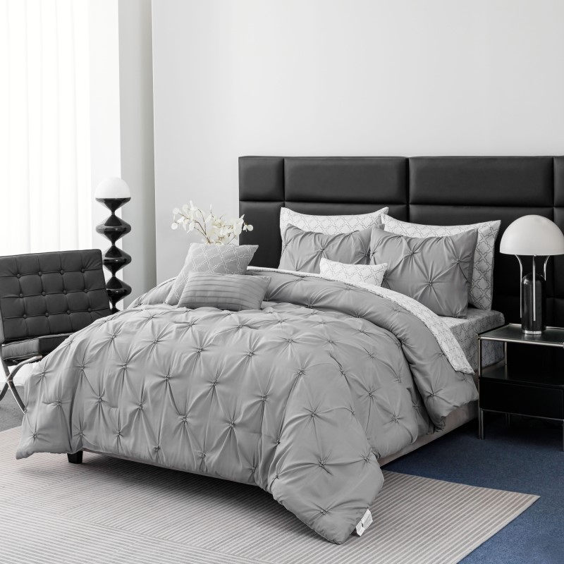 Twin Grey 8Pc Pintuck Bed In A Bag Set