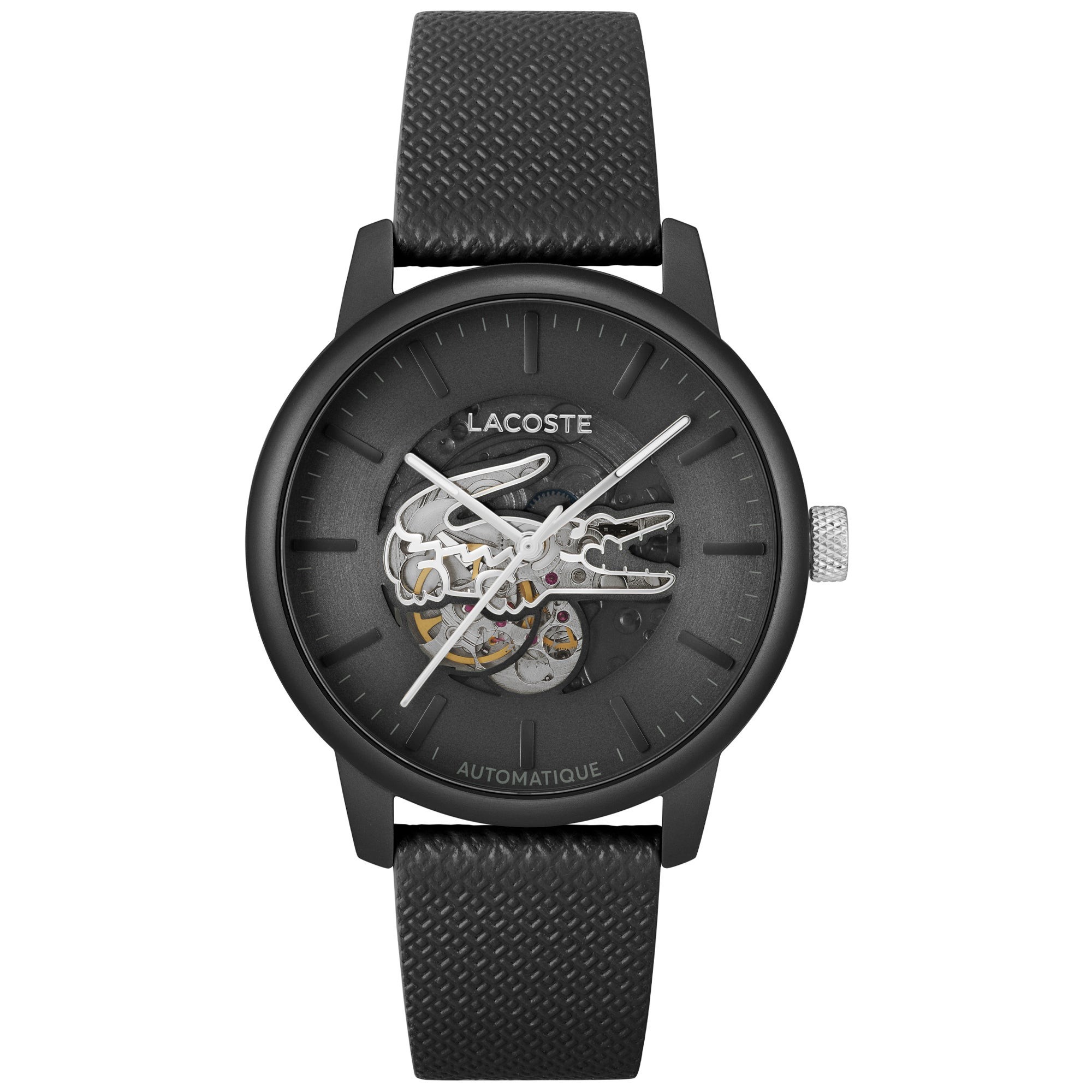 Men's 12.12 Automatique Black Leather Strap Watch, Black Croc Dial