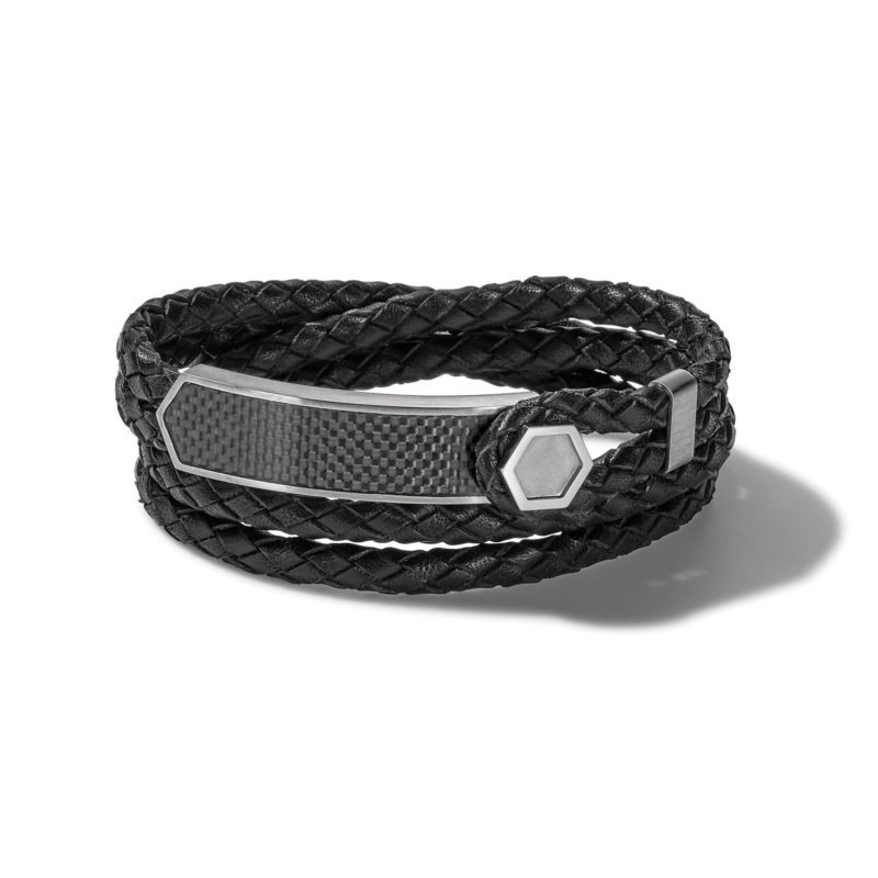 Double Wrap Braided Black Leather and Stainless Steel Bracelet - Large