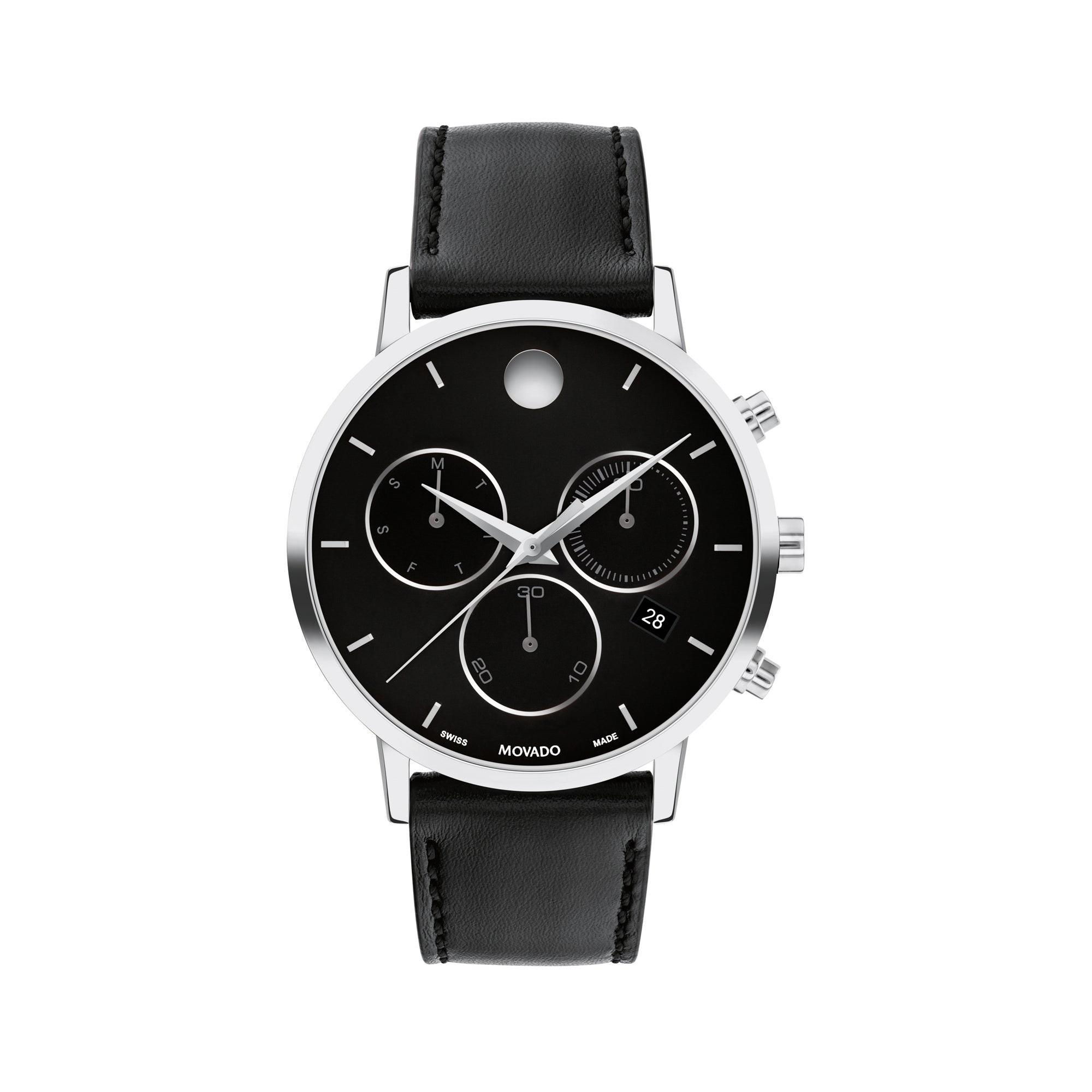Men's Museum Classic Chronograph Silver & Black Leather Strap Watch, Black Dial