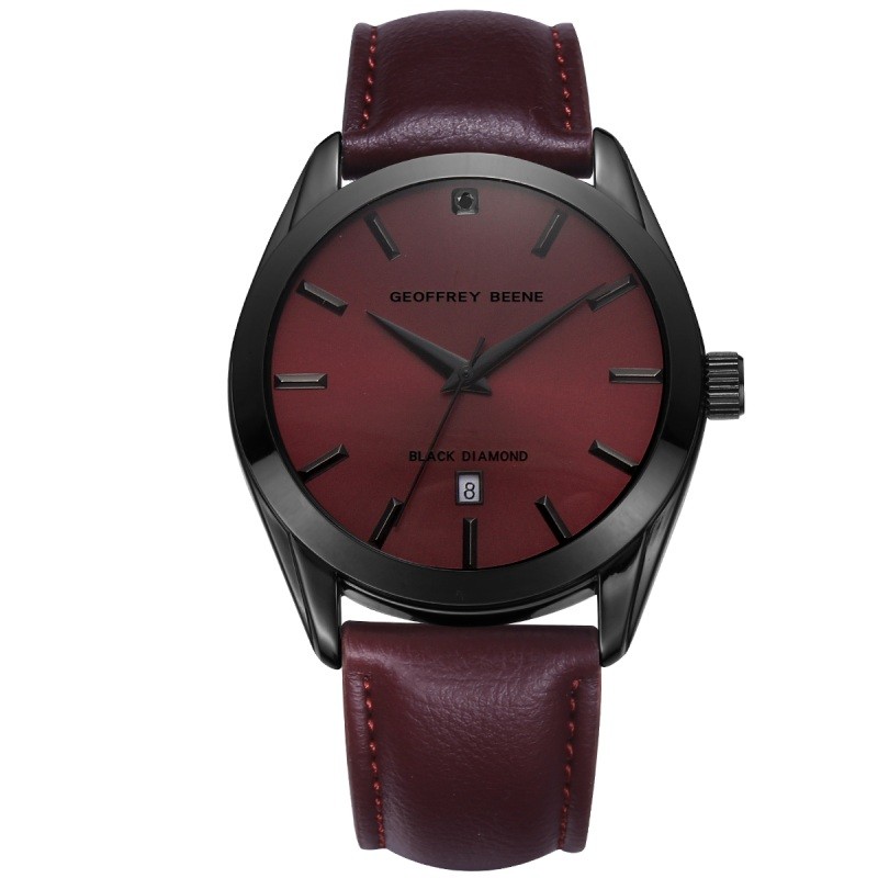 42MM Gunmetal Tone Genuine Black Diamonmd Burgandy Strap Watch
