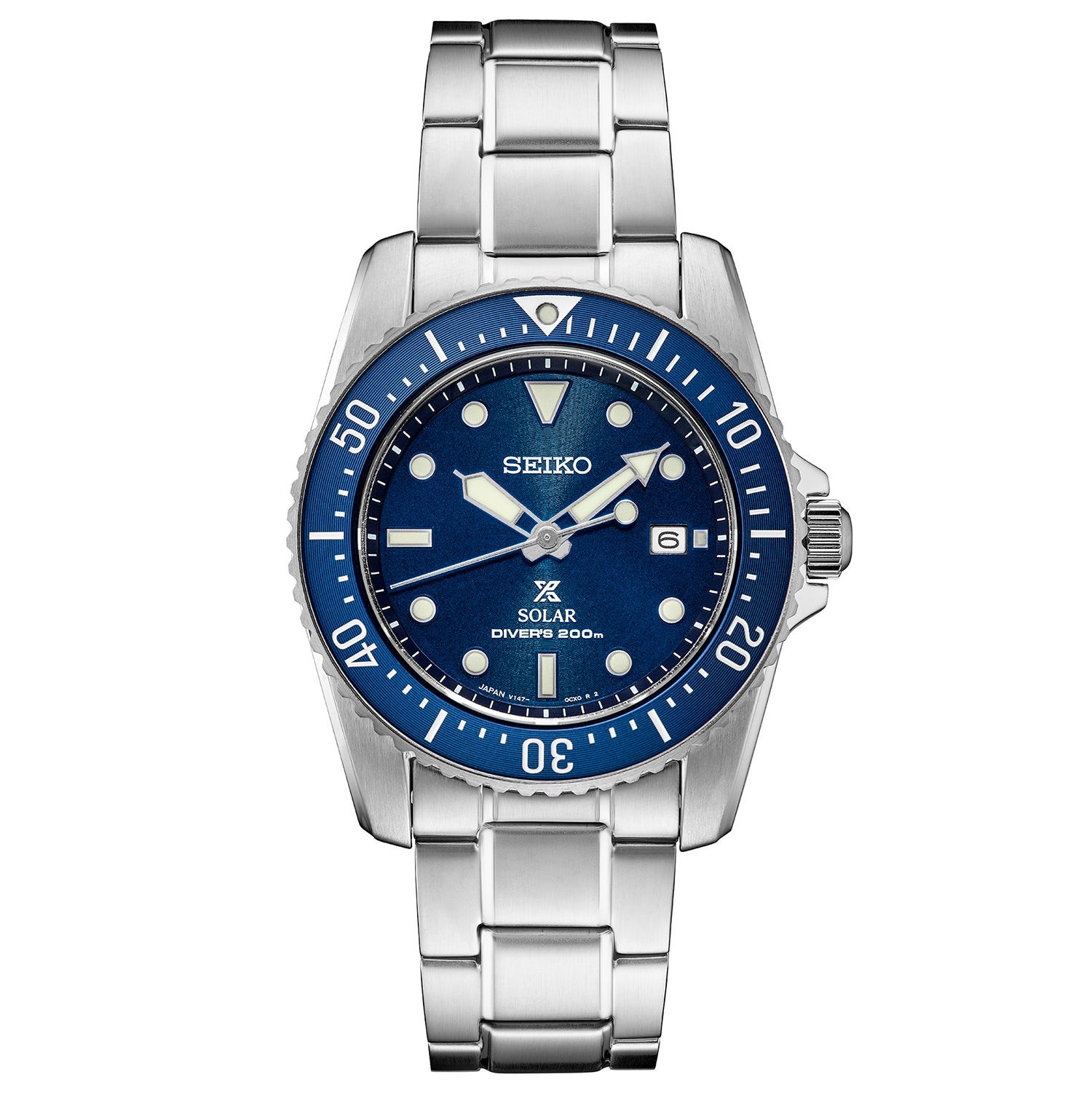 Mens Prospex Solar Diver Silver-Tone Stainless Steel Watch Blue Dial