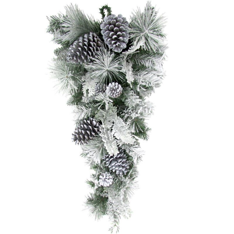 30-inch Christmas Snow Flocked Teardrop Door Swag with Pinecones