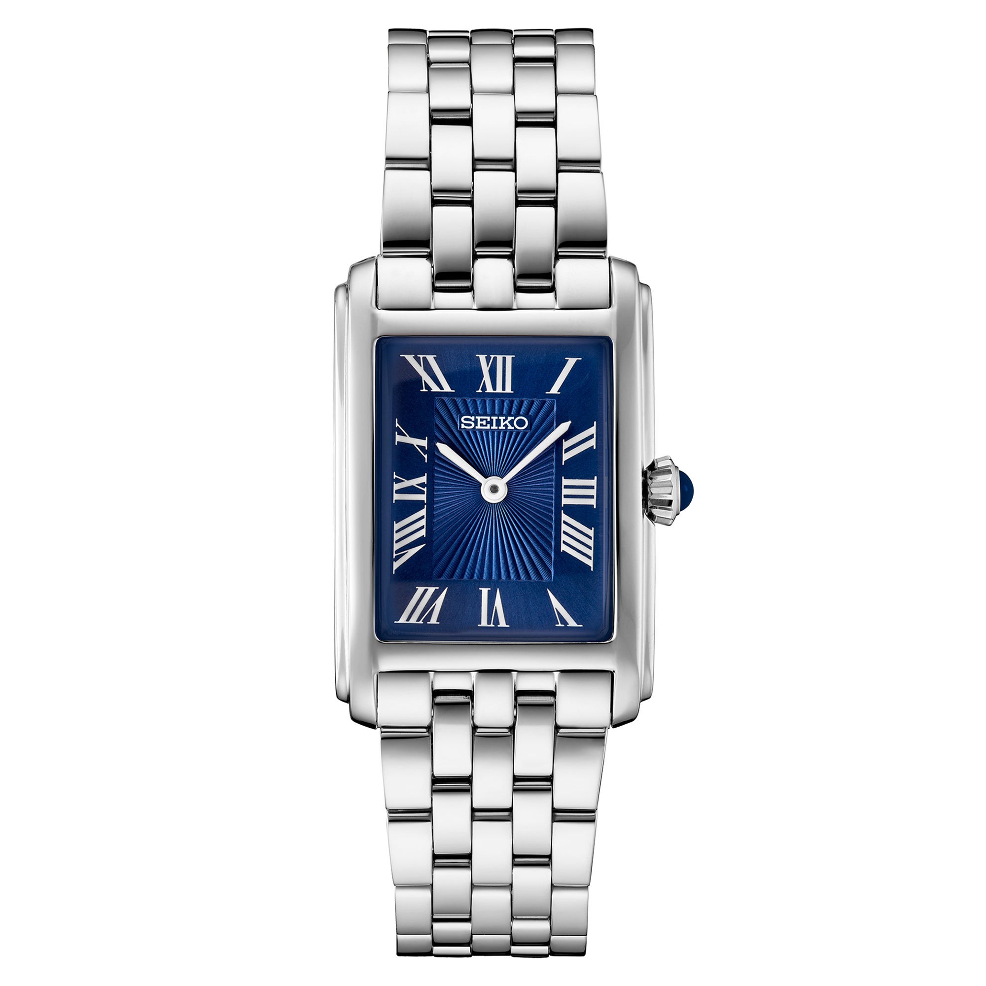 Ladies Essentials Silver-Tone Stainless Steel Rectangular Watch Blue Dial