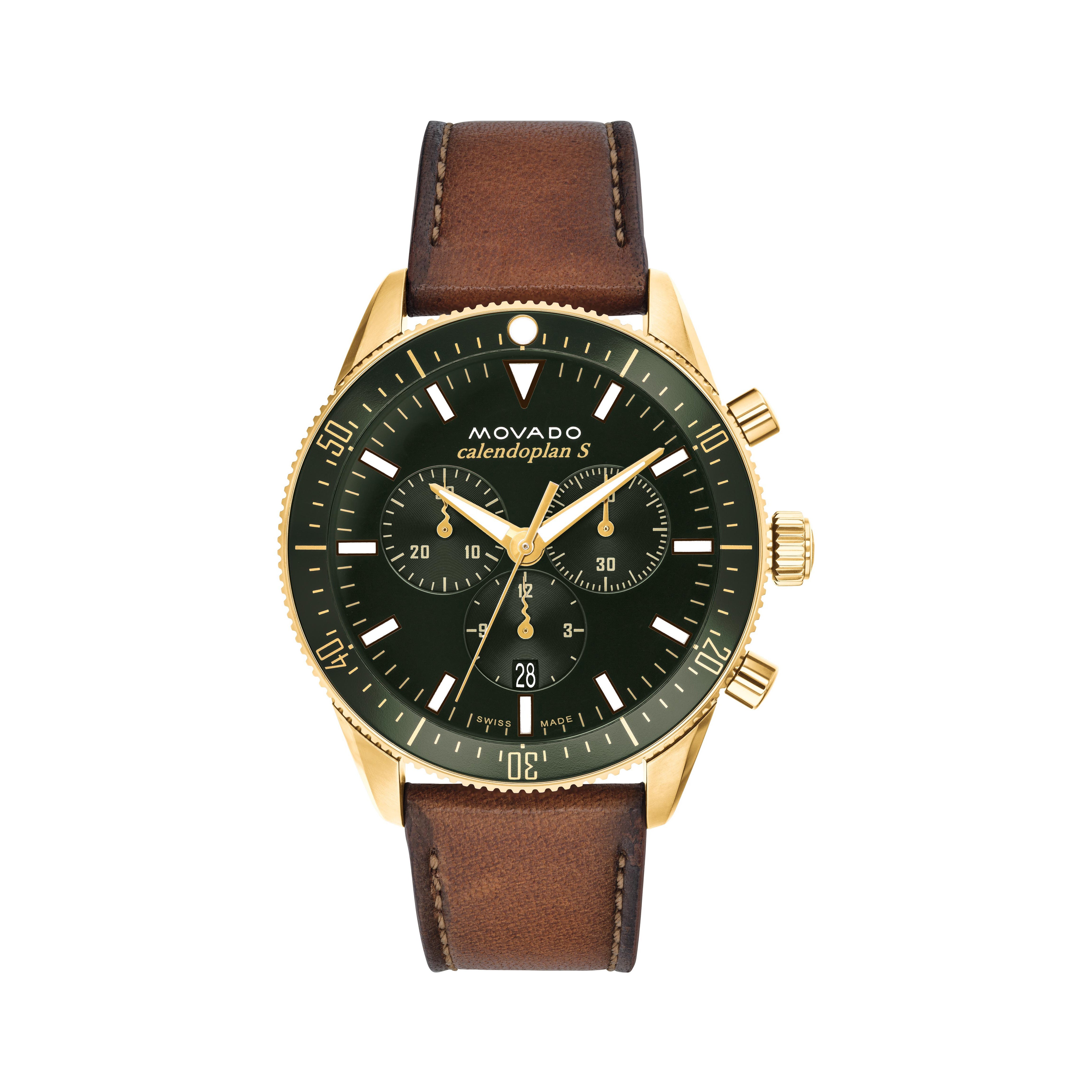 Mens Heritage Calendoplan S Chronograph Brown Strap Watch Green Dial