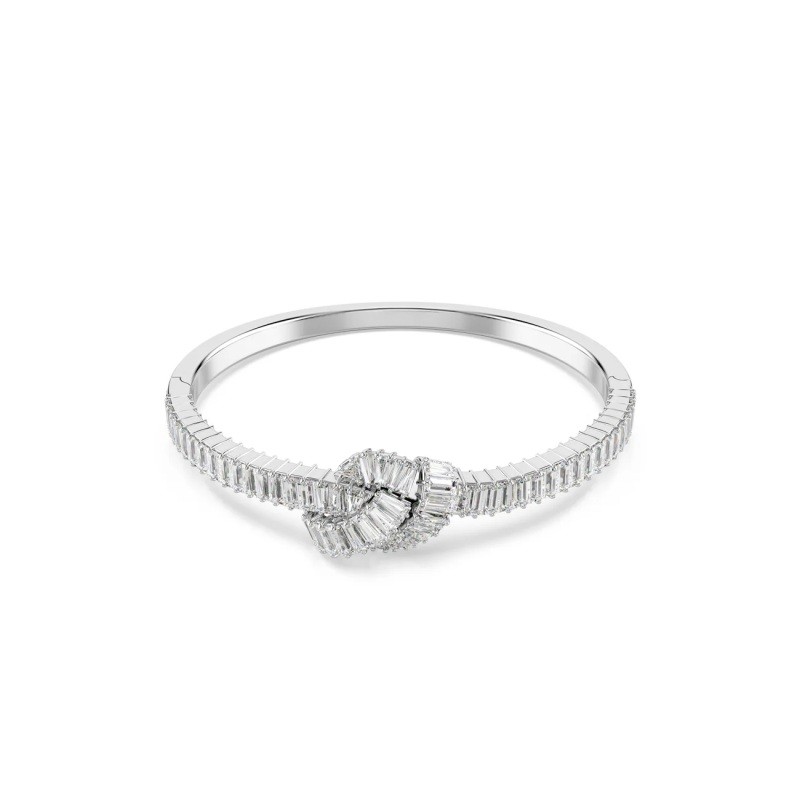 Matrix bangle, Baguette cut, Knot, White, Rhodium plate-Medium