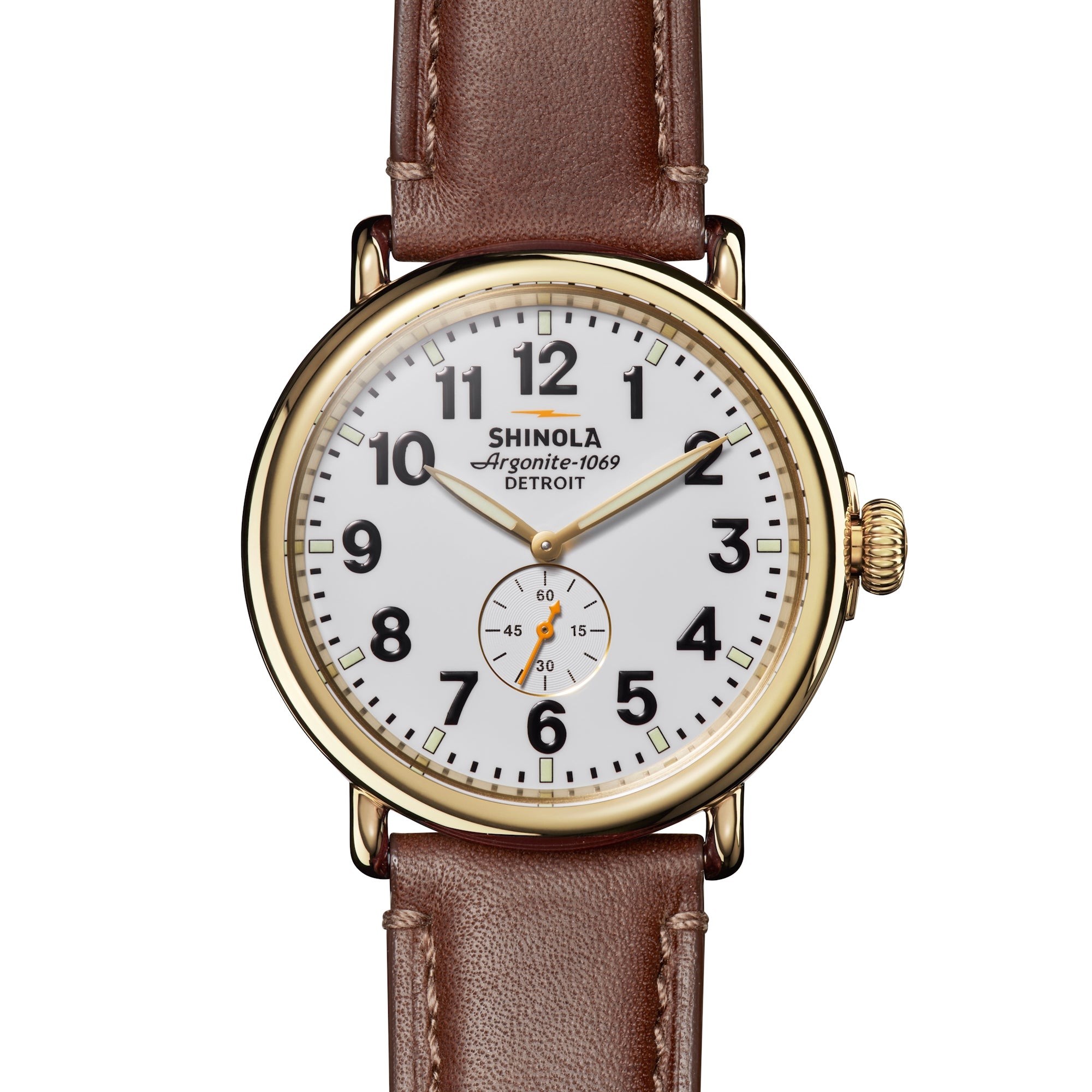 Mens' Runwell Brown Leather Strap Watch, White Dial