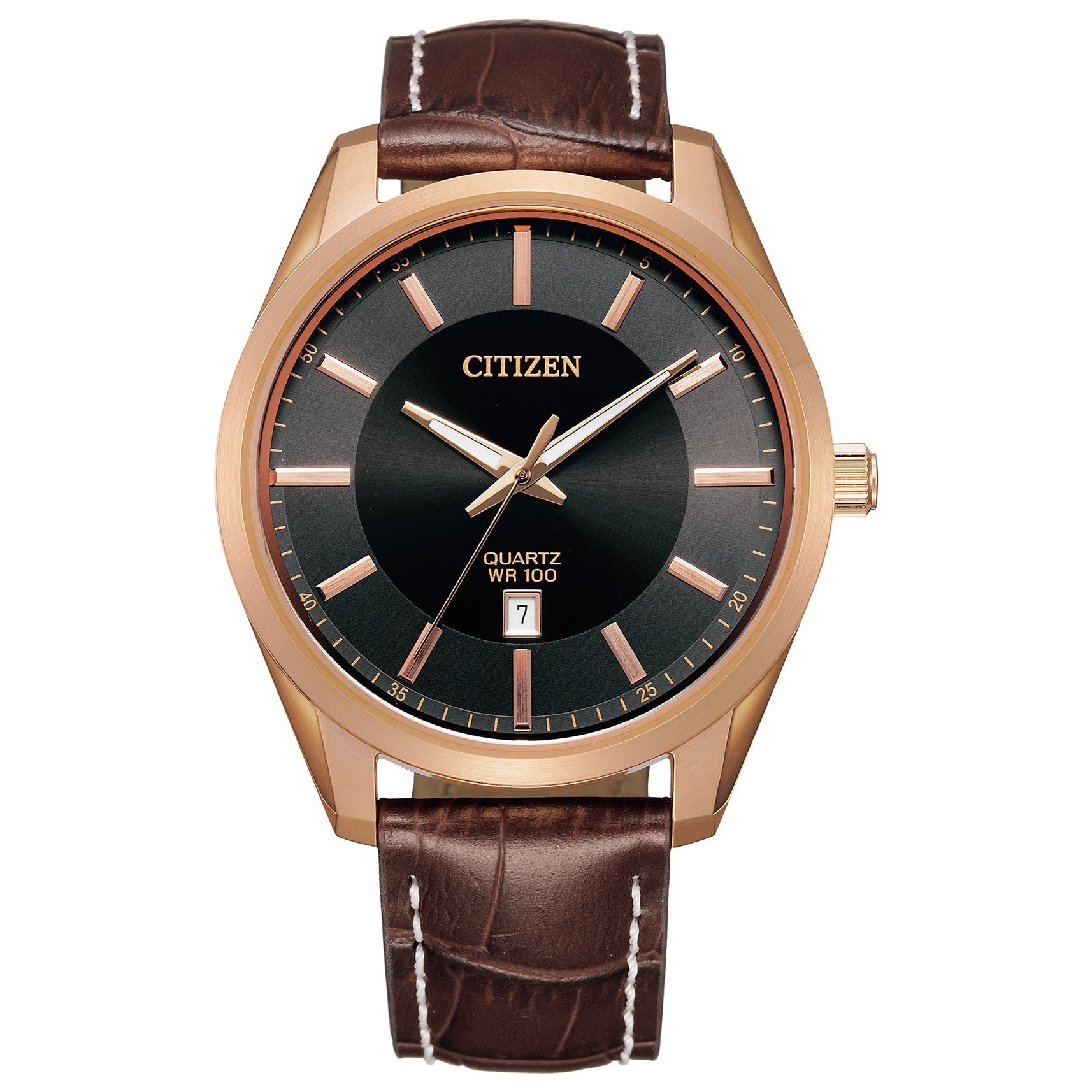 Mens Rose Gold Quartz Leather Strap Watch Black Dial