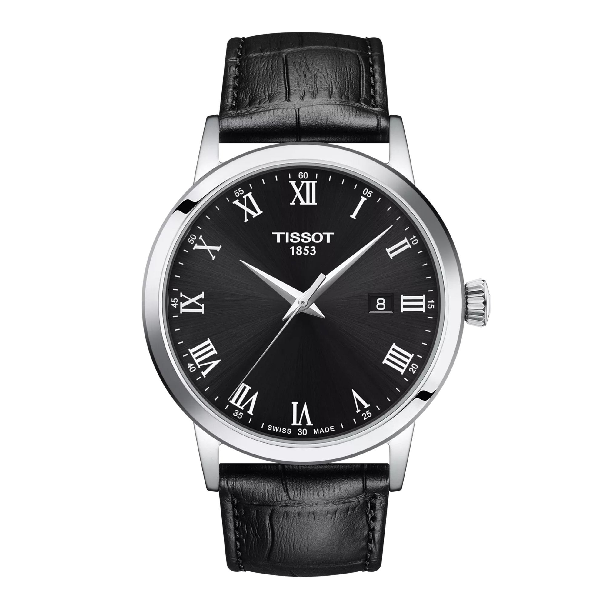 Men's Classic Dream Silver &  Black Leather Strap Watch, Black Dial