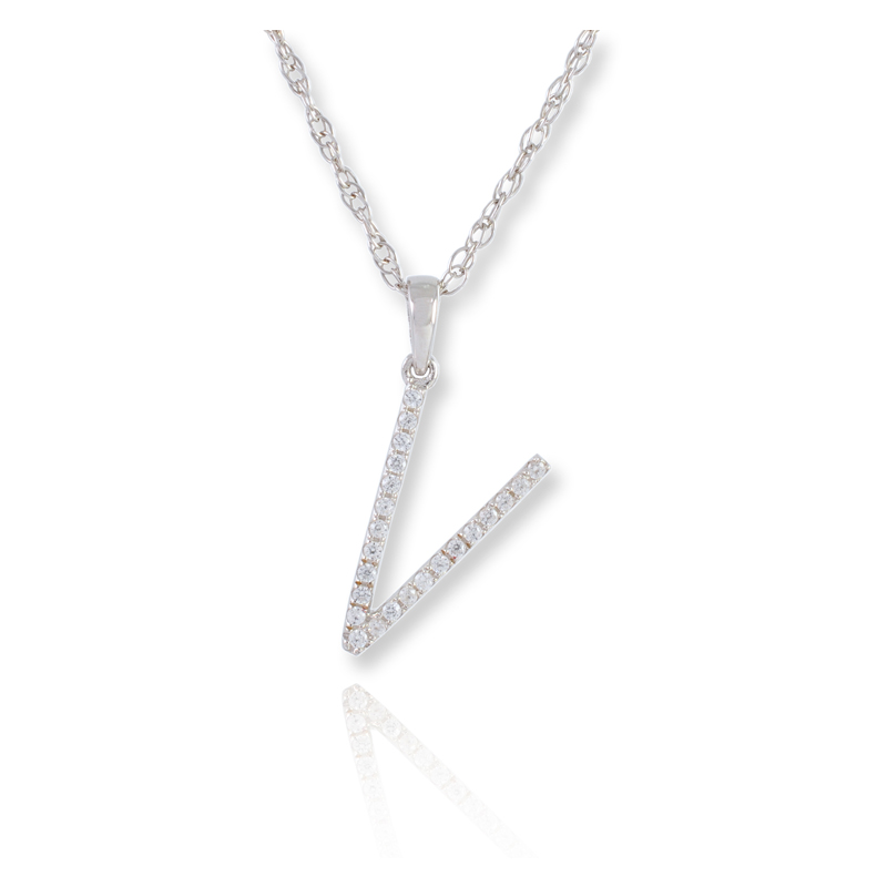 Diamond V Initial Pendant Necklace - (White Gold)