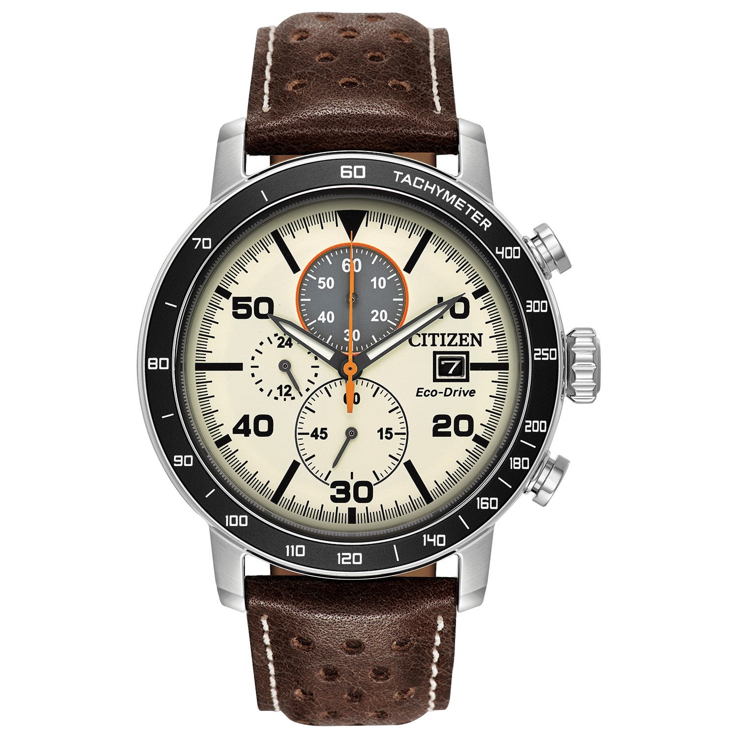 Mens Brycen Eco-Drive Multi-Dial Brown Leather Watch Ivory