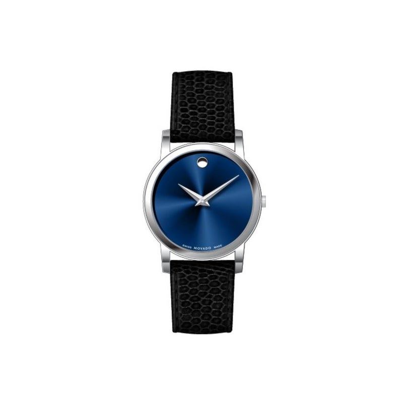 Mens Museum Classic Silver and Black Textured Leather Strap Watch - (Blue Dial)