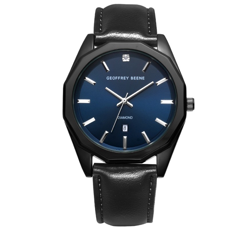43mm Gunmetal Tone Blue Dial Genuine Diamond Black Strap Watch
