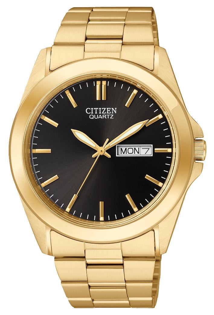 Mens Quartz Gold-Tone Stainless Steel Watch Black Dial