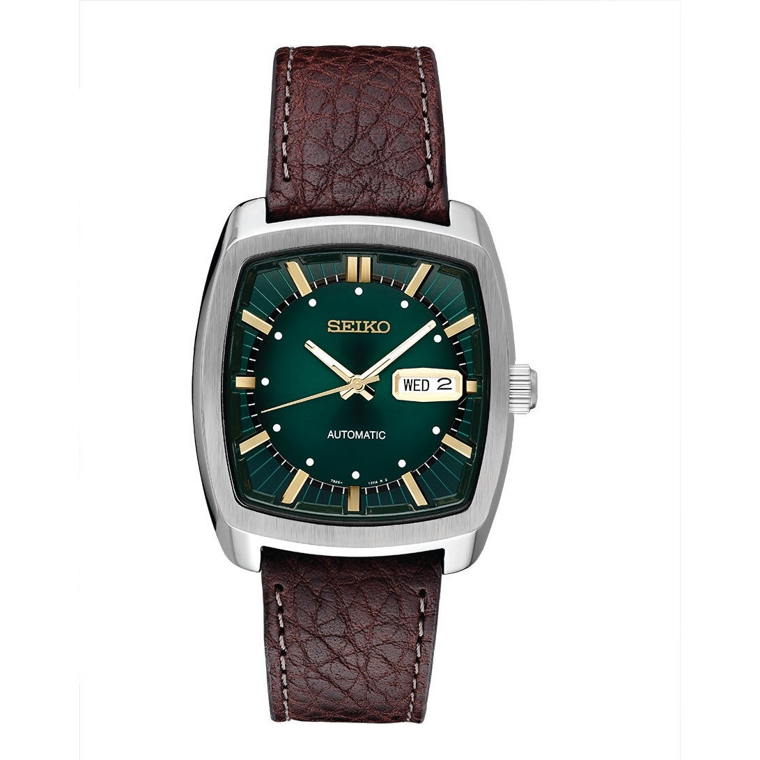 Mens Recraft Automatic Brown Leather Strap Watch Green Dial
