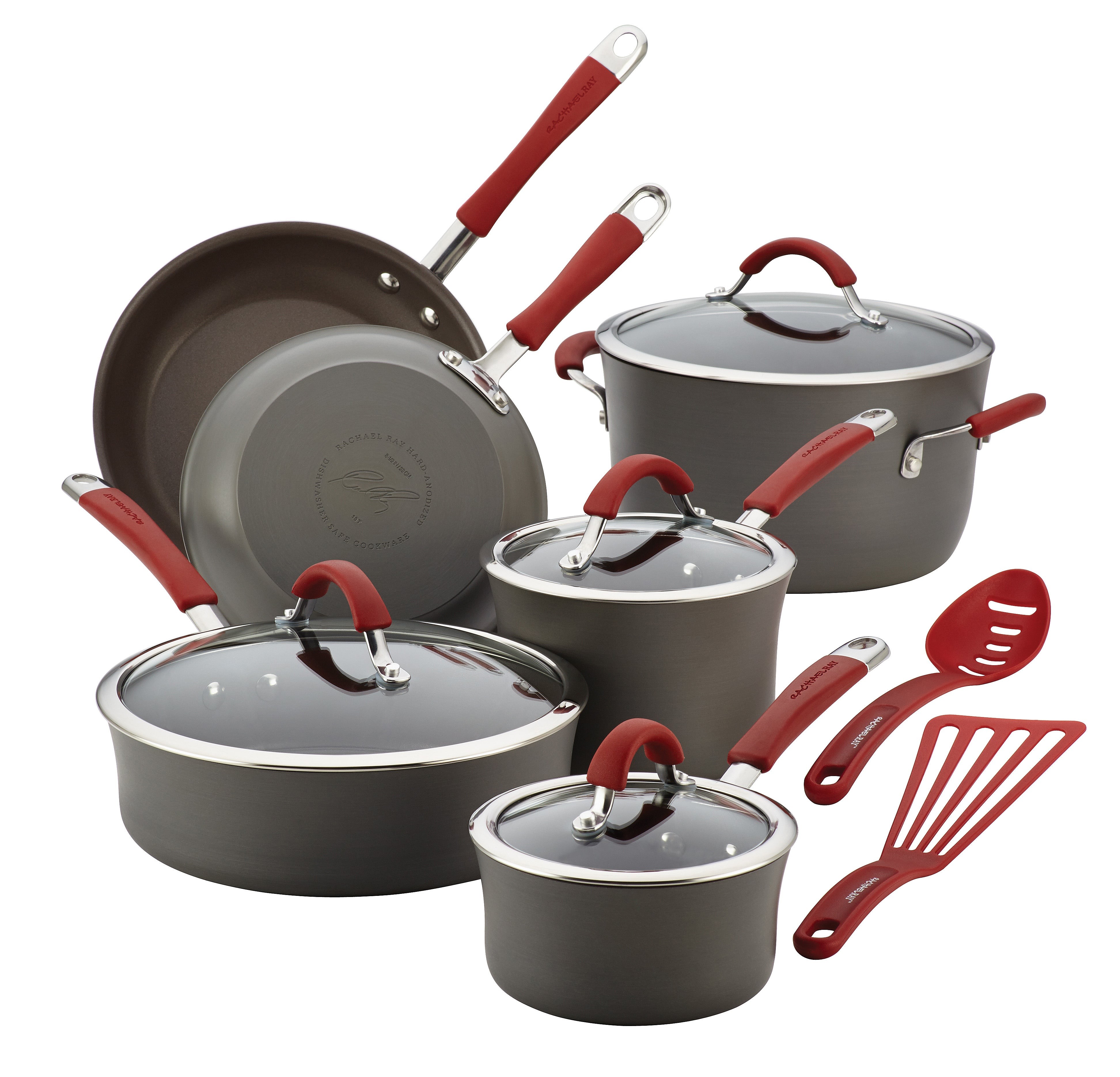 12pc Cucina Hard-Anodized Cookware Set Red Handles