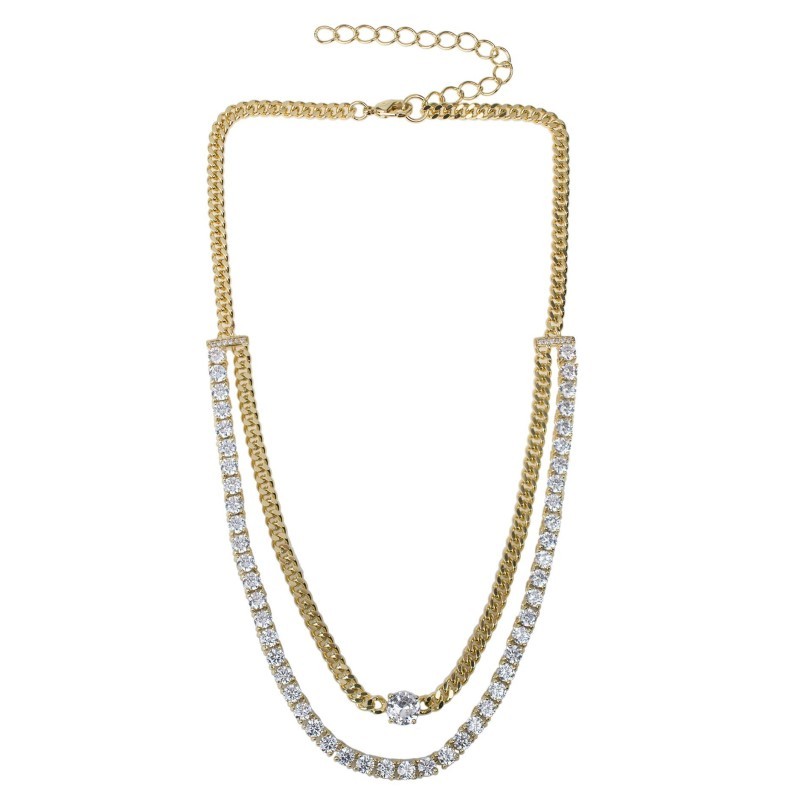 CZ by Kenneth Jay Lane 2 layer Round CZ Curb Chain and Tennis Necklace