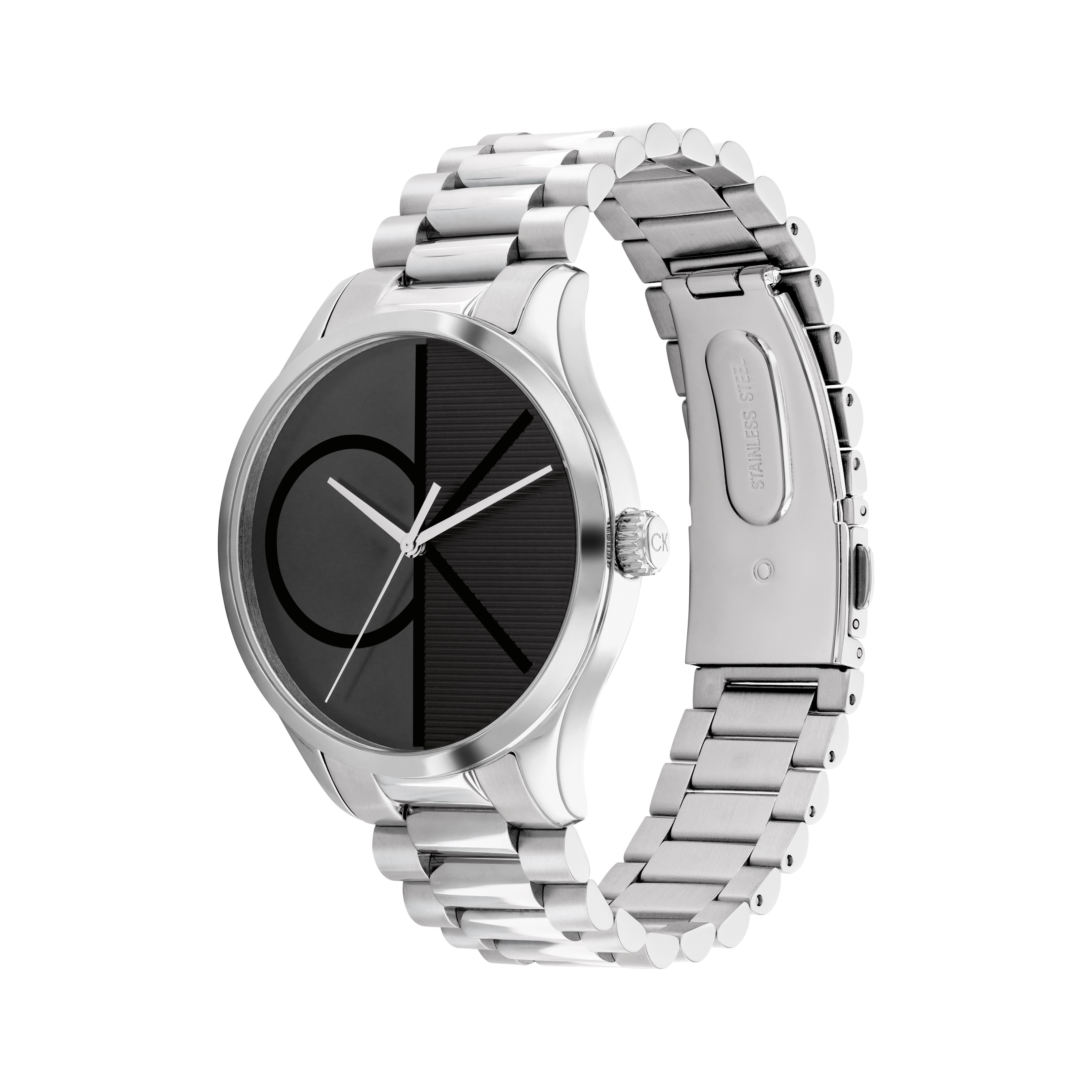 Unisex Silver-Tone Stainless Steel Watch Black CK Logo Dial