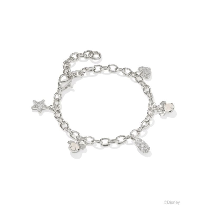 Disney Silver Mickey and Minnie Mouse Charm Bracelet in Iridescent White Mix