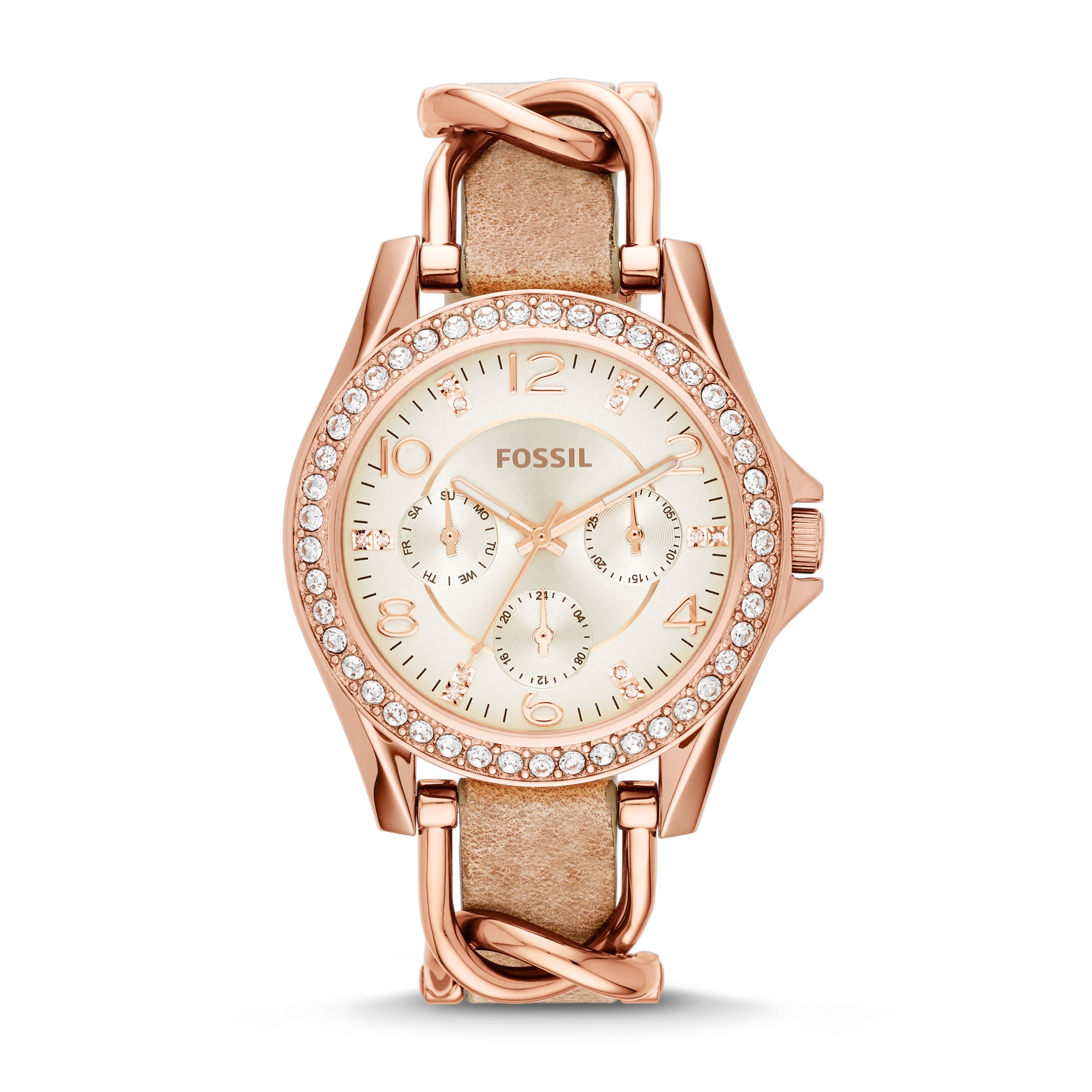 Ladies Riley Rose Gold-Tone Crystal Leather Watch Beige Dial