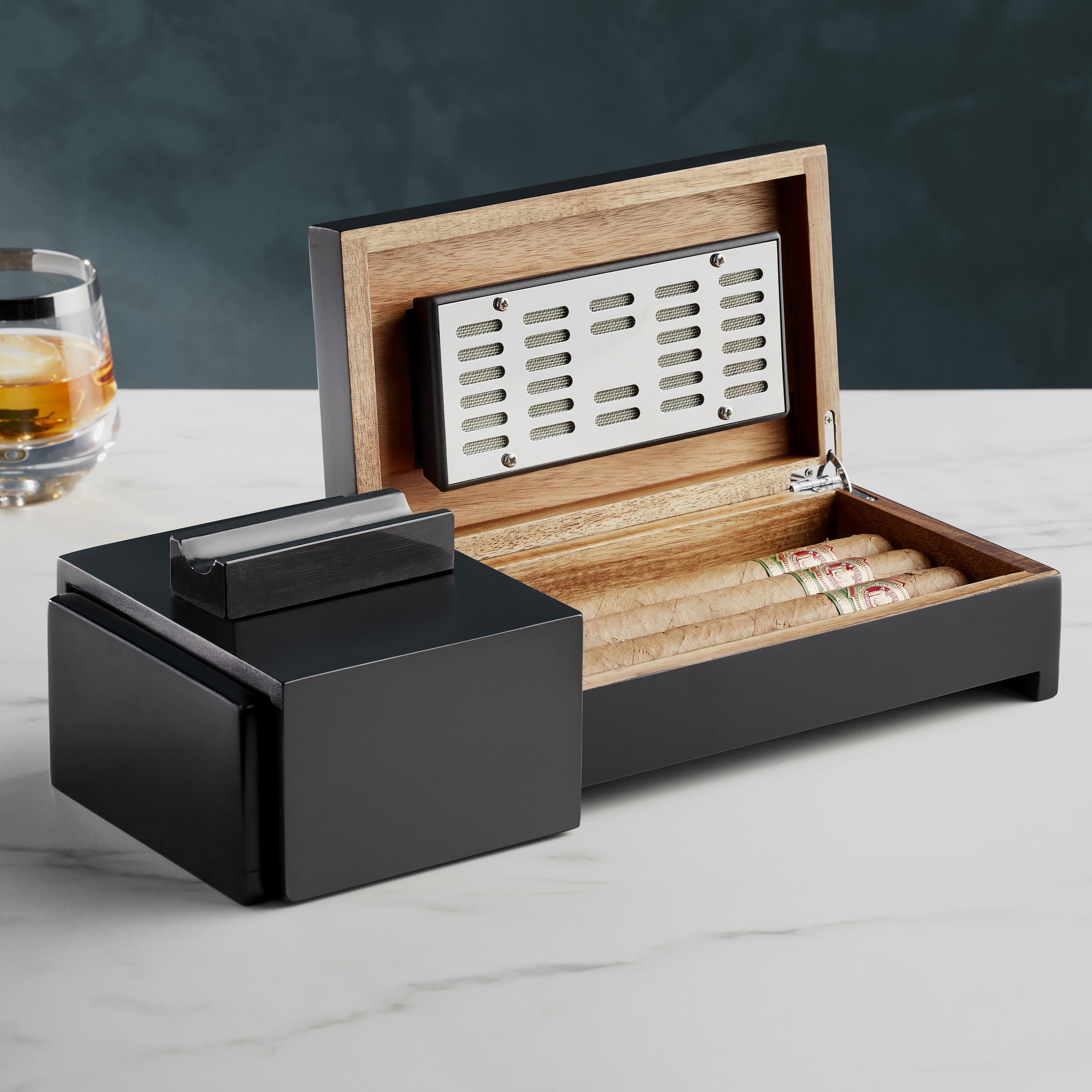 Wine Enthusiast Desktop Humidor Box with Ashtray and Sliding Cigar Rest