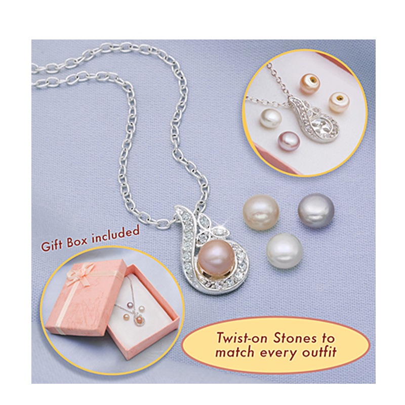 Interchangeable Cultured Pearl and CZ Pendant Set gift boxed