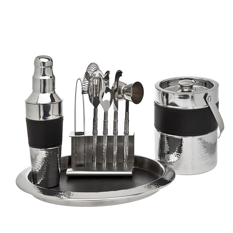 Black Leather & Stainless Steel 9 Piece Bar Tool Set