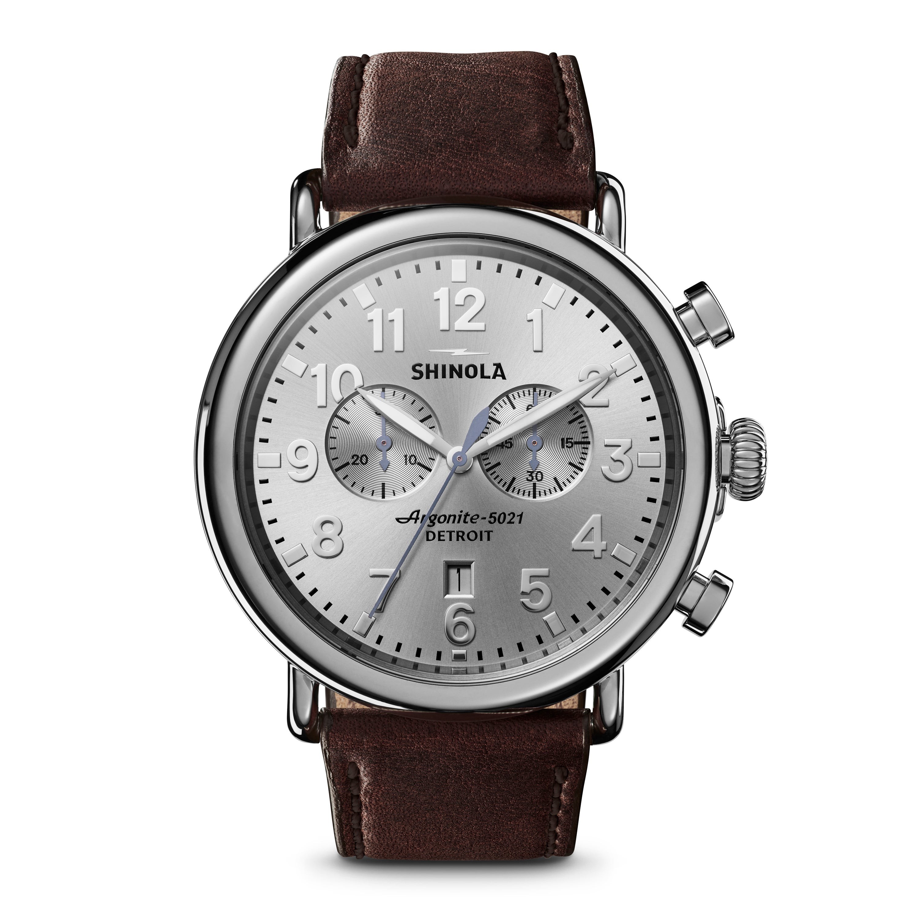 Mens' Runwell Chrono Brown Grizzly Leather Strap Watch, Silver Dial