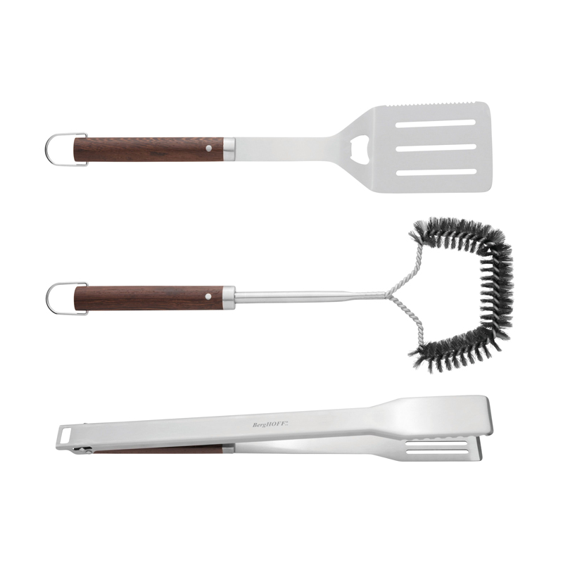 3 - Piece Essentials BBQ Set with Wood Handles - (Tongs Spatula and Brush)