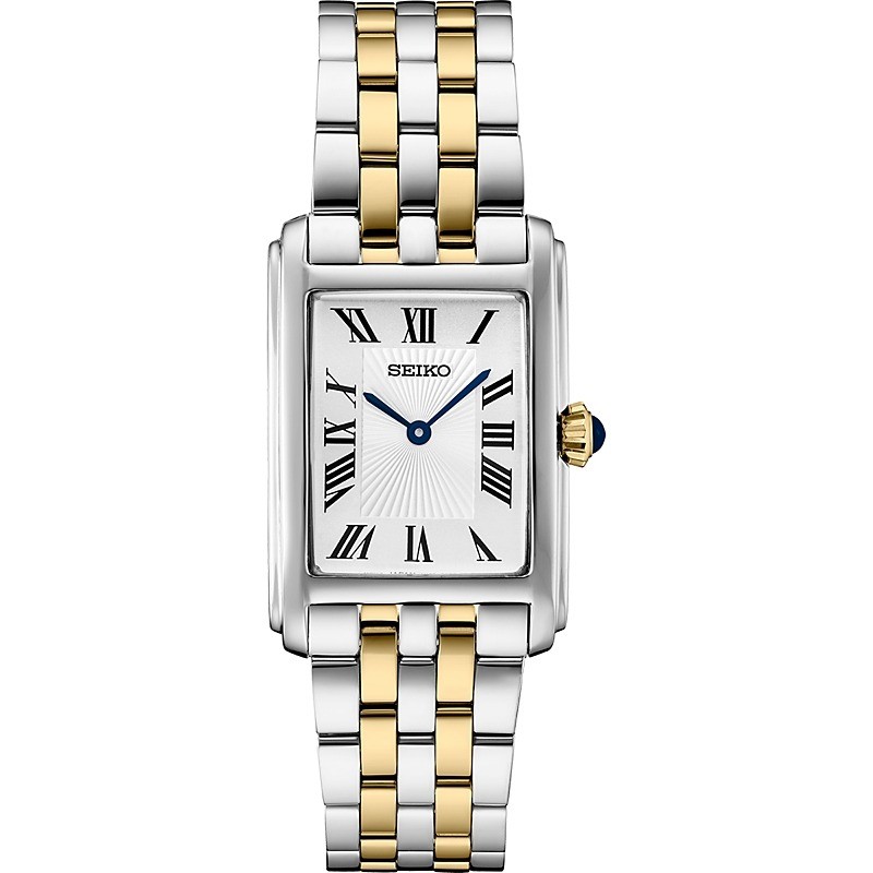 Seiko Essentials TT Quartz White Rectangle Dial, Roman Numerals, Gold/Silver bracelet