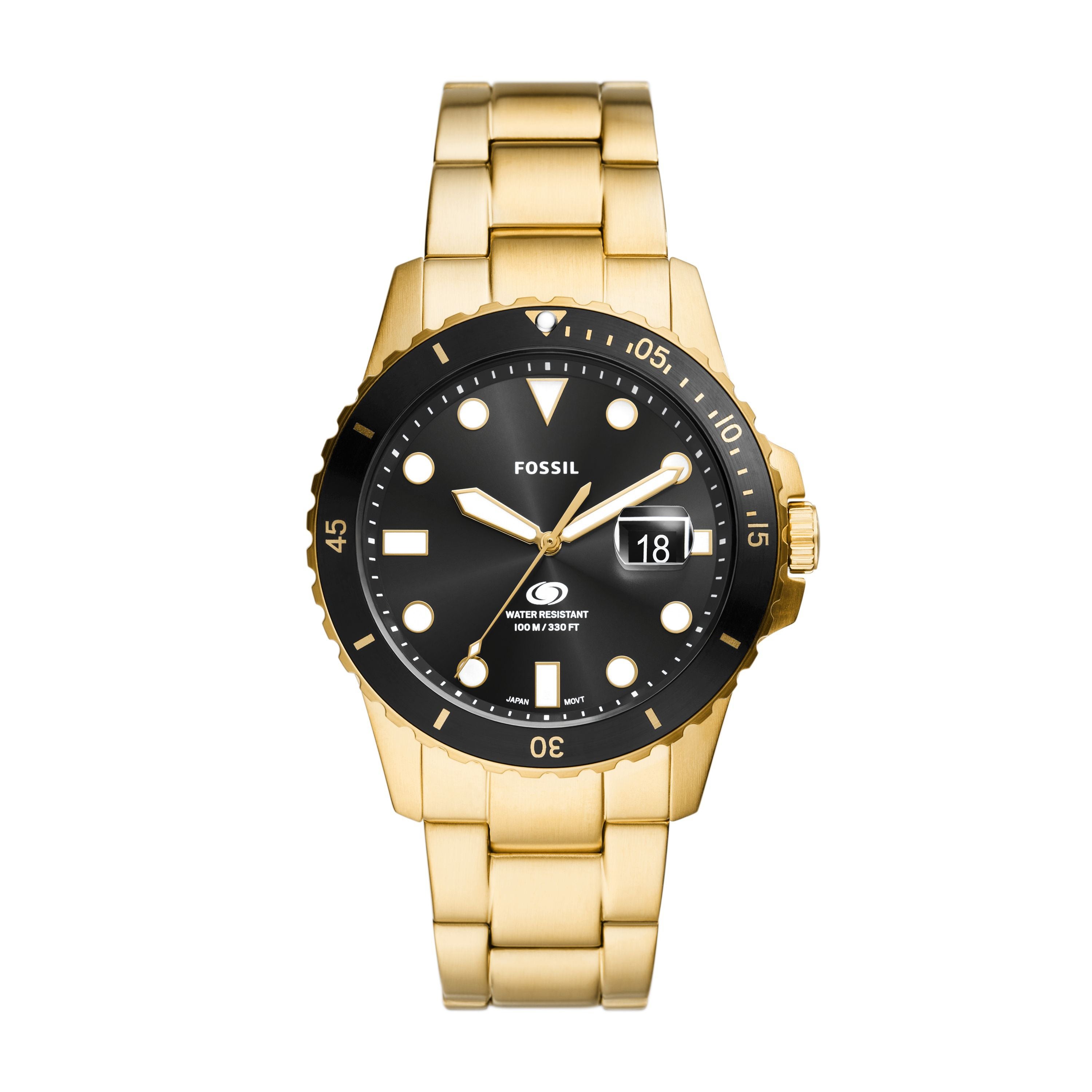 Men's Fossil Blue Dive Gold-Tone Stainless Steel Watch, Black Dial