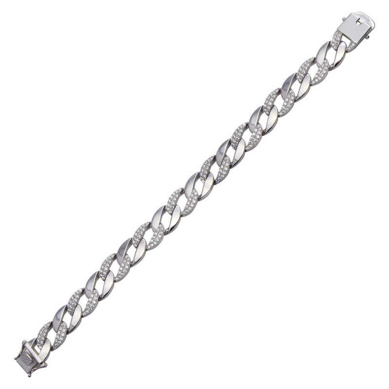 Mens Rhodium Plated Alternate CZ Round Curb - (Sterling Silver)