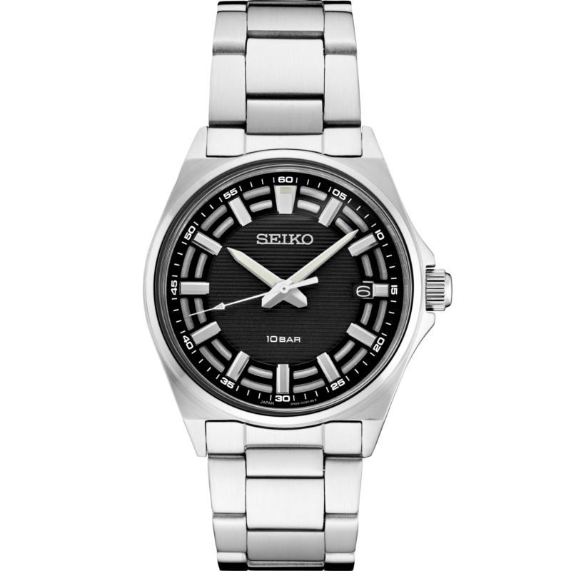 Mens Stainless Steel Silver Tone Watch - (Black Dial)