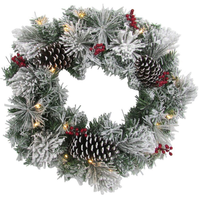 24-inch Flocked Christmas Wreath with Pinecones, Red Berries and White LED Lights