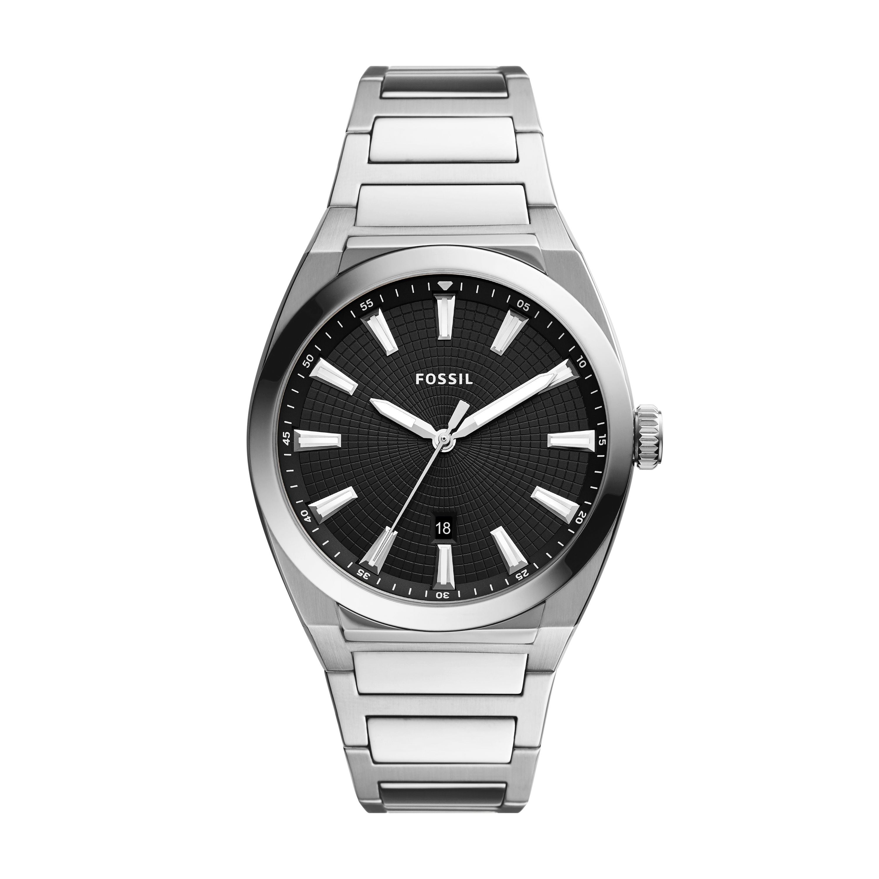 Men's Everett Silver-Tone Stainless Steel Watch, Black Dial